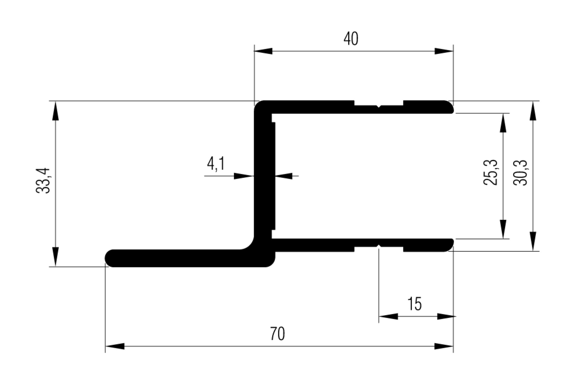Profil SL 40 mm mit Anschlag 70 mm versetzt
