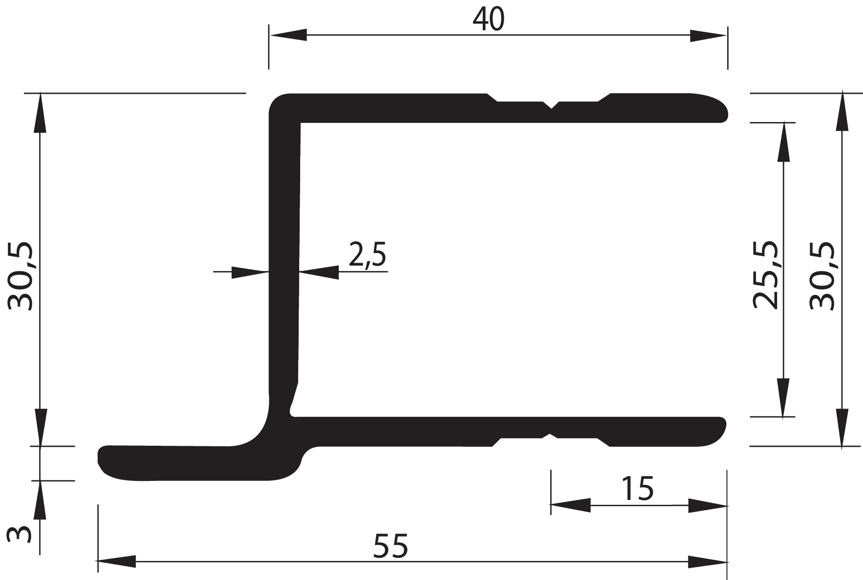 Profil SL 40 mm mit Anschlag 55 mm versetzt