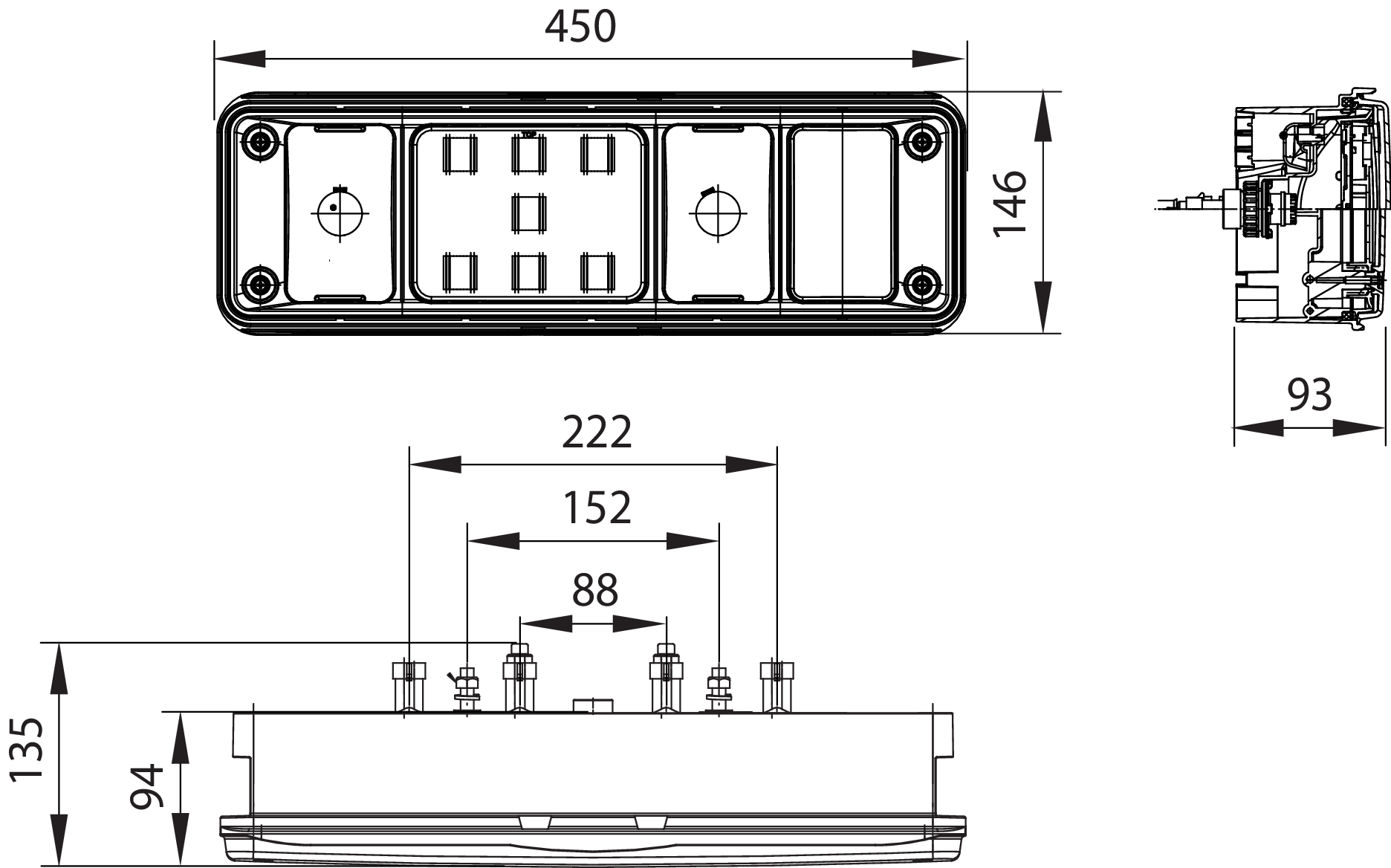 Modulare Multifunktions-Hybrid-Heckleuchte SDRBBLNESZR EC-DIN-BO-SS 24 Volt - Ausführung in Teil-LED
