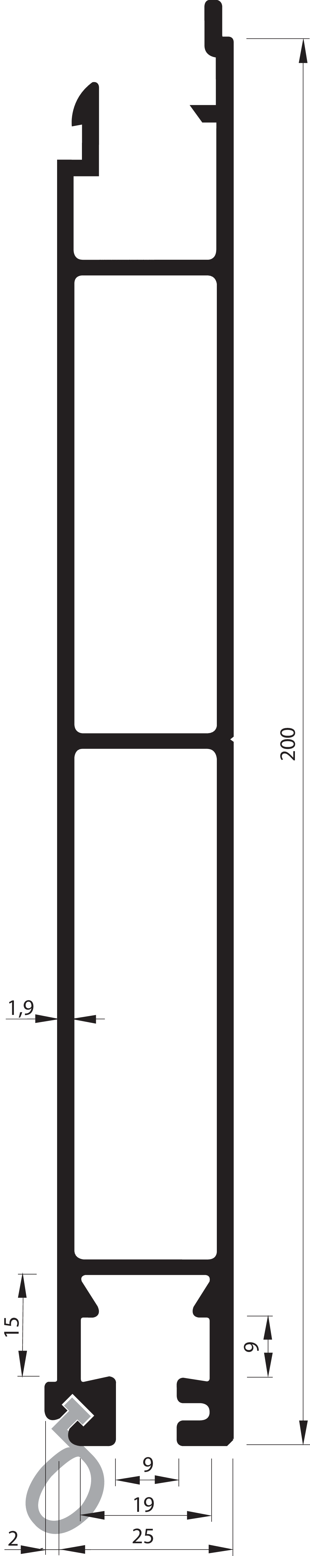 Unterprofil 200 mm mit Dichtung