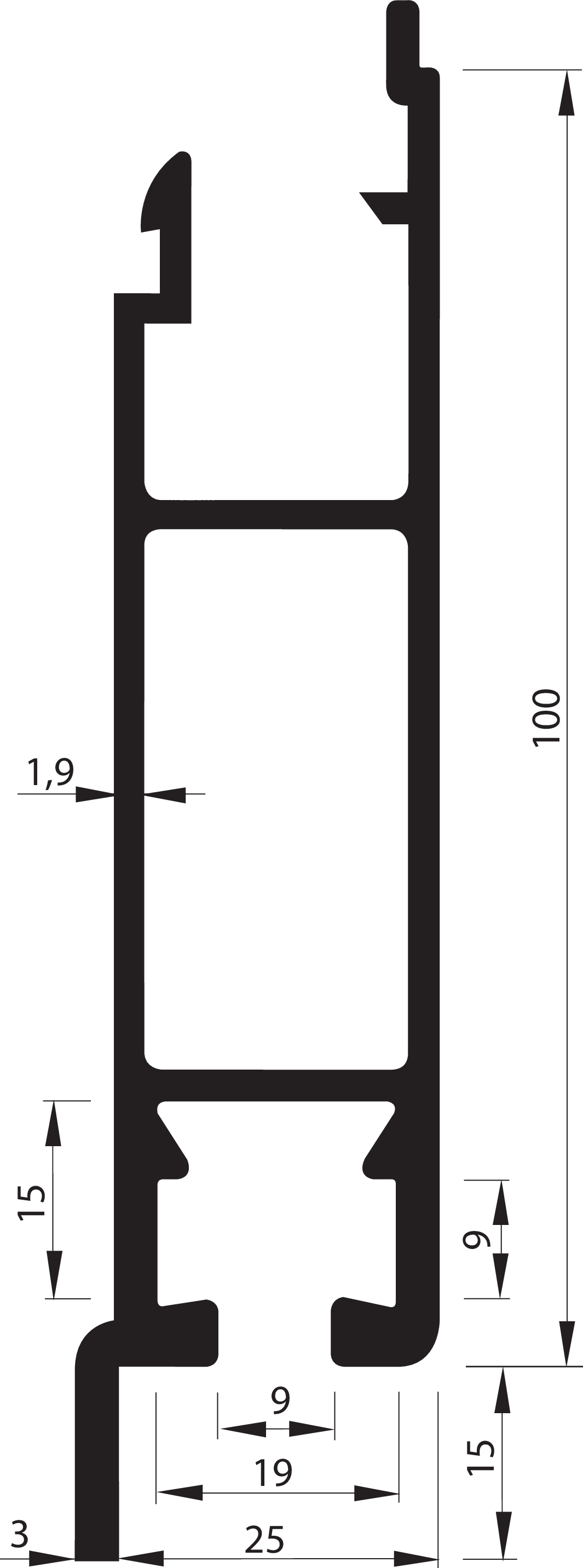 Unterprofil 100 mm mit Anschluss innen