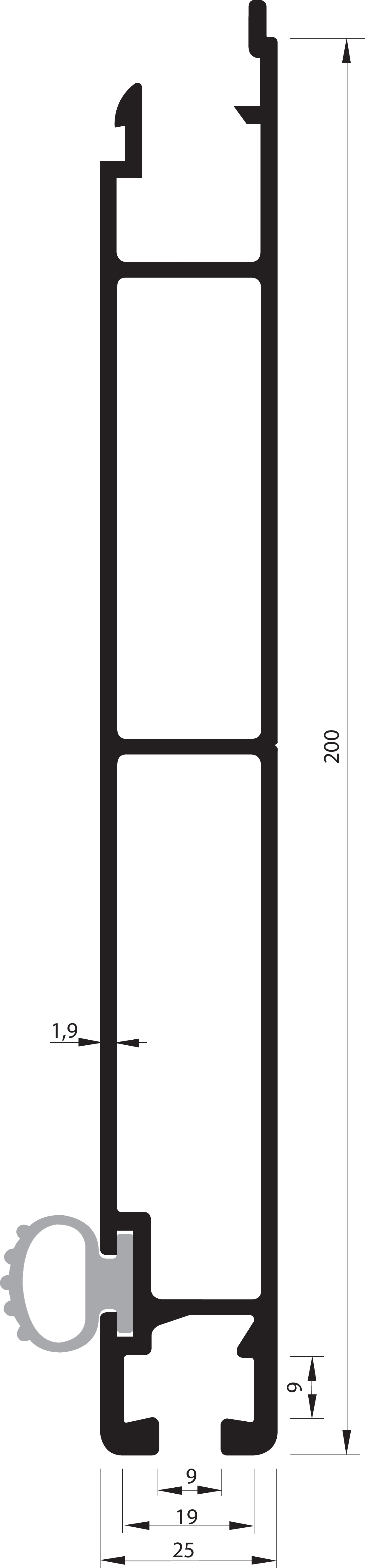 S25ZL Unterprofil 200mm Dichtung elox