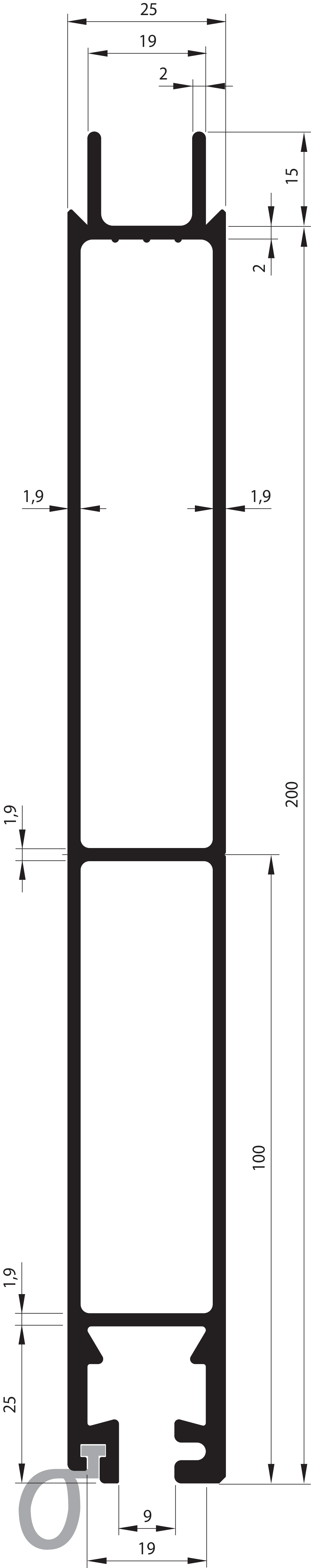 Unterprofil 200 mm mit Dichtung