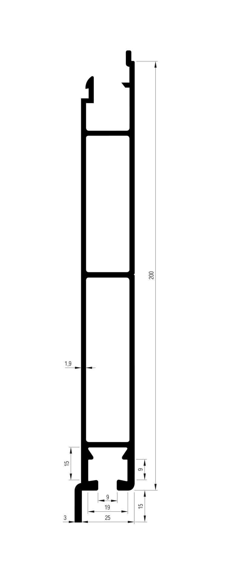 Unterprofil 200 mm mit Anschluss innen